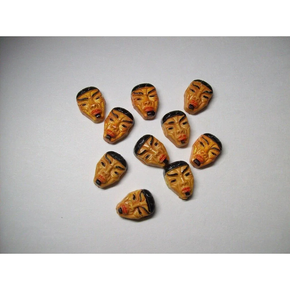 Lot Of 10 Vintage 1960s Weird Tribal Face Masks Resin Coated Cabochon NOS Crafts